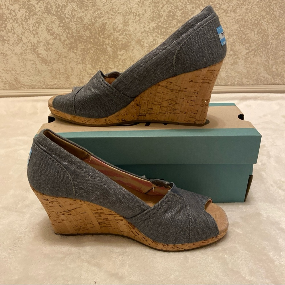 Toms Silver Sparkle Blue Denim Peep Toe Wedges with Cork Heel